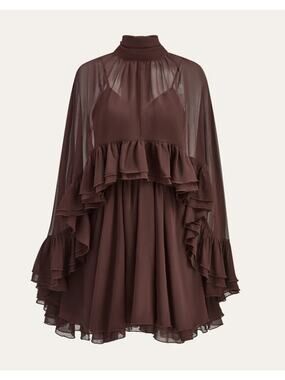 Commense Brown Semi-Sheer Chiffon Ruffle Mini Dress with Cape Overlay – Size L